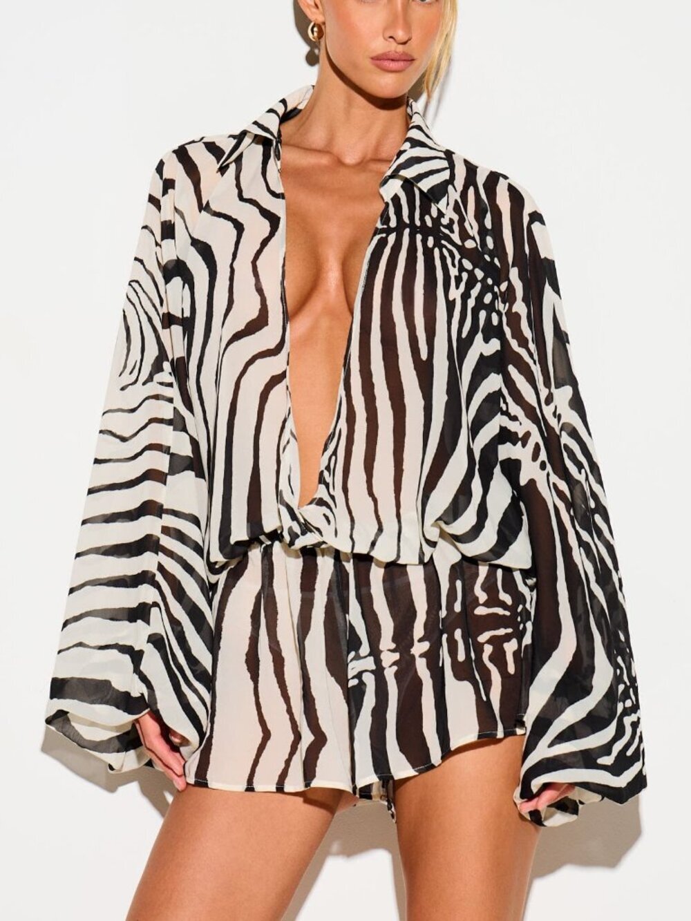 Women's Zebra Print Deep Plunge Collared Balloon Sleeves Romper